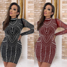 Long sleeved dress, fashionable rhinestone bubble bead wrapped hip dress, women's dress