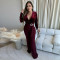 Women's sexy V-neck long sleeved rhinestone jumpsuit slim fit wide leg pants