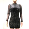 Hot selling sexy backless rhinestone wrapped hip dress for women, half high neck party long sleeved short skirt