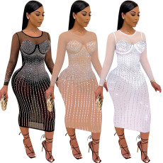 plus size dress Diamond studded long sleeved dress for nightclubs