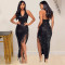 Hanging neck deep V tassel sleeveless party sequin dress sexy irregular bead skirt for women