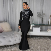 New hot stamping fashionable slim fit high neck hip hugging long dress for women