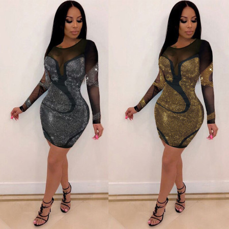 Sexy rhinestone long sleeved see through slim fit dress for nightclubs