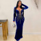 Fashionable women's solid color sexy rhinestone long sleeved dress