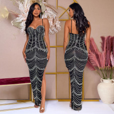 Fashionable women's rhinestone slim fit sexy bag hip slit dress for women