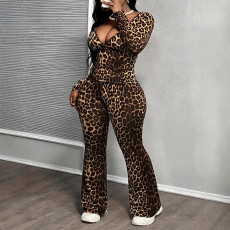 Leopard print long sleeved V-neck slim fit wide leg pants set