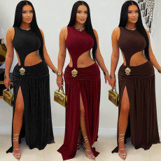 Fashionable women's sexy solid color sleeveless open cut dress with exposed navel