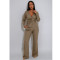 Cross border women's clothing elastic jacquard pleated V-neck waist buckle cinched waist slimming wide leg pants set