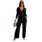 Cross border women's clothing elastic jacquard pleated V-neck waist buckle cinched waist slimming wide leg pants set