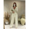 Cross border women's clothing elastic jacquard pleated V-neck waist buckle cinched waist slimming wide leg pants set