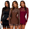 Sexy zipper mesh jumpsuit with suspender and reflective skirt two-piece set
