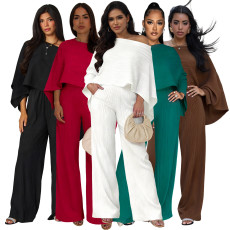 Elastic Wrinkled Bat Sleeve One Piece Sleeve Pocket Swing Leg Wide Leg Pants Set
