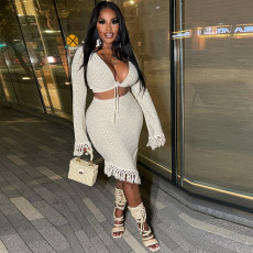 Autumn and winter clothing new women's autumn sexy bag skirt two piece set with knotted tassels