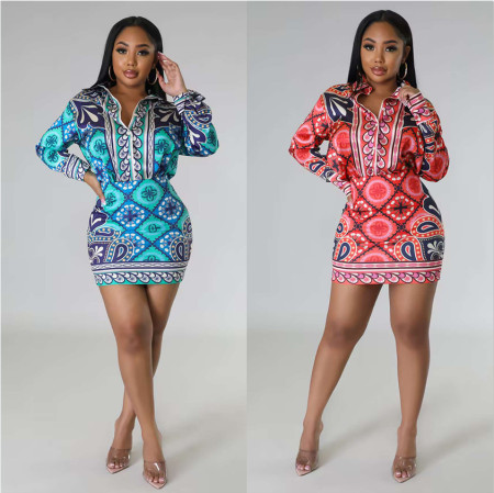 Printed shirt long sleeved sexy hip hugging skirt two-piece set