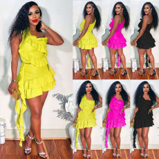 Summer fringe ruffle edge single shoulder sloping collar skirt two-piece set