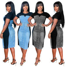 Casual imitation denim printed dress, women's summer short sleeved dress