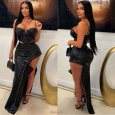 PU leather metal zipper fashionable and sexy spicy girl high slit skirt