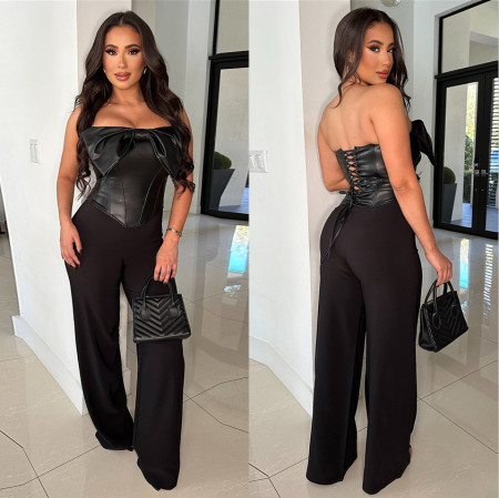 Hot and sexy wrap front bodycon top with bow PU leather backless vest