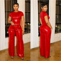 wide leg long pants hot stamping slim fit solid color short sleeved pants set