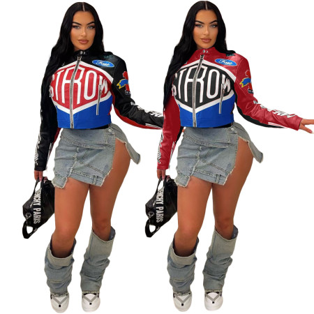 Autumn and winter cross-border style spicy girl street print stand up collar short zipper jacket