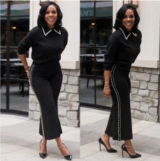 Autumn and Winter Leisure Pearl Double Row Edge Collar Two Piece Set