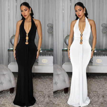 Fashionable Women's Sexy Backless Neckline Deep V Solid Color Dress