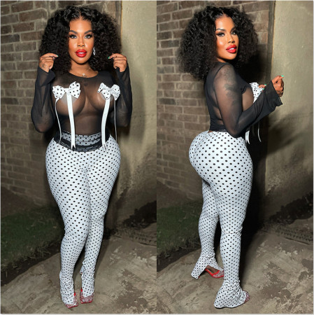 Sexy mesh bow spotted printed slit pants two-piece set