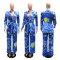 Fashionable printed set, casual wide leg pants, pants with loose buttons and lace up top, two pieces