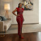 Fashionable round neck furry sleeves, rhinestone cut slit long skirt, slim fit dress, women's foreign trade style