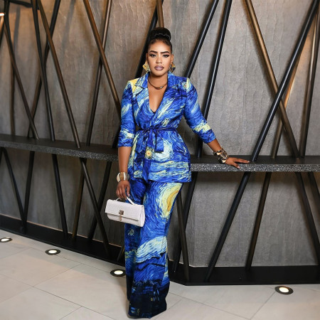 Fashionable printed set, casual wide leg pants, pants with loose buttons and lace up top, two pieces