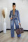 Women's fashion sexy micro elastic multi pocket washed denim casual set two-piece set