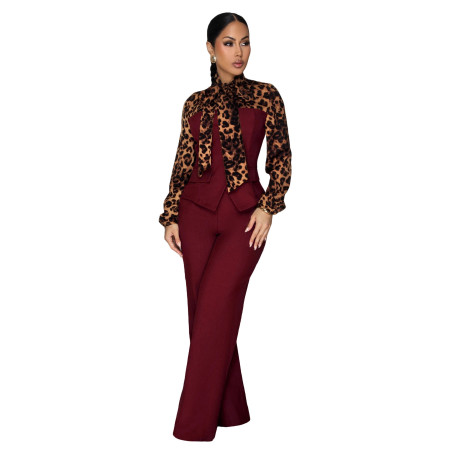 Women's elegant and personalized leopard print patchwork lace up wide leg pants jumpsuit