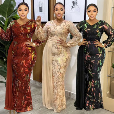 Sparkling dress, European and American foreign trade new long sleeved round neck long skirt