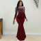 Fashionable women's elegant high neck diamond hot stamping bubble bead wrapped hip dress