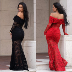Fashionable sexy one-shoulder lace plunge dress
