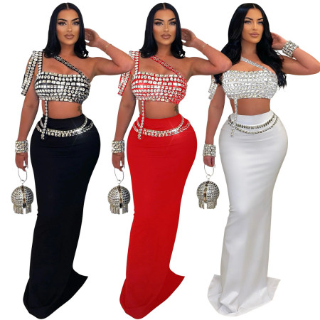 New fashionable camisole short rhinestone top paired with slim fit hip hugging skirt