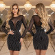 Fashionable round neck long sleeved rhinestone dress slim fit short skirt for women