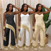 Strap vest top paired with loose wide leg pants and tassel two-piece set for women's foreign trade new style