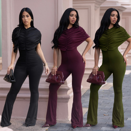 Fashionable women's elegant and slim fit solid color wide leg jumpsuit