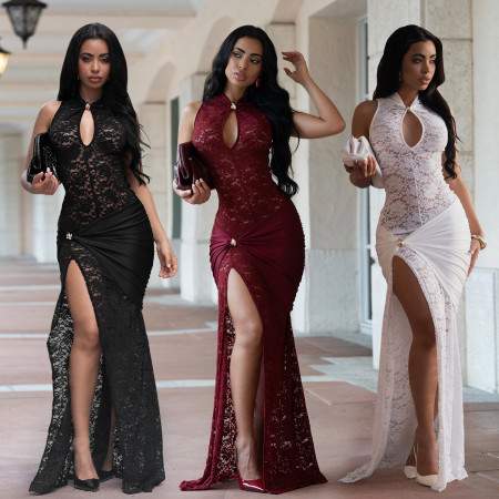 Fashionable women's sexy lace hollow slit slim fit dress