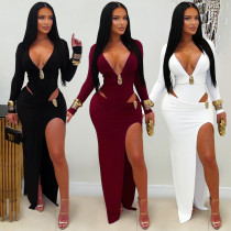 Fashionable women's sexy V-neck solid-color long-sleeved figure-hugging dress