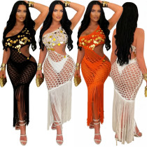 Summer Knit Handmade Crochet Sheer Sequin Tassel Tie Sand Dress with Asymmetrical Skirt