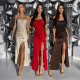 Bralette high slit sequin dress with bead patches double-layered lining maxi dress for women