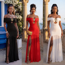 Fashionable women's sexy one shoulder high slit strapless dress