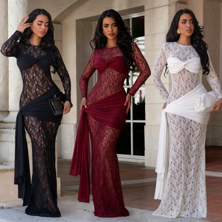 Fashionable women's sexy round neck lace slim fit long sleeved dress