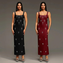 Fashionable women's dress with elegant temperament and rhinestone shoulder strap backless dress