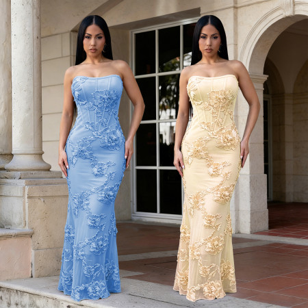 Fashionable women's sexy mesh strapless standing flower dress dress