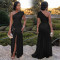 Fashionable women's sexy sleeveless slanted neck slim slit dress