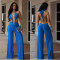 Fashionable women's sexy lace up backless solid color hip hugging jumpsuit