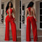 Fashionable women's sexy lace up backless solid color hip hugging jumpsuit